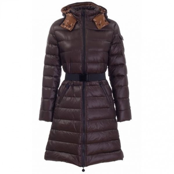 Moncler marrone Mock colletto e cintura sottile lungo cappotto donna uscita